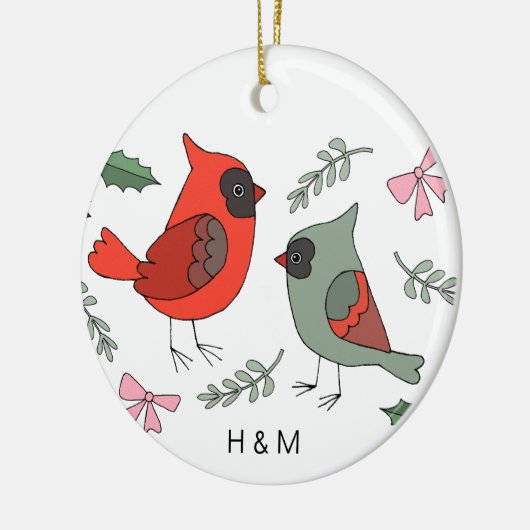 初めてのクリスマスの組み合わせ（鳥）ショウジョウコウカンチョウ対カスタム セラミックオーナメント (左)