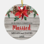初めてのクリスマスの結婚したで素朴な冬の花 セラミックオーナメント (正面)