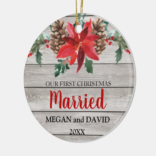 初めてのクリスマスの結婚したで素朴な冬の花 セラミックオーナメント (左)