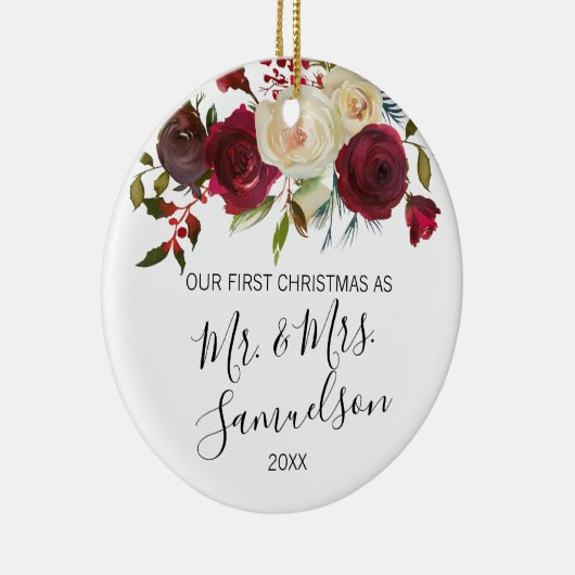 初めてのクリスマスの結婚したで赤いヒイラギの水彩画 セラミックオーナメント (右)