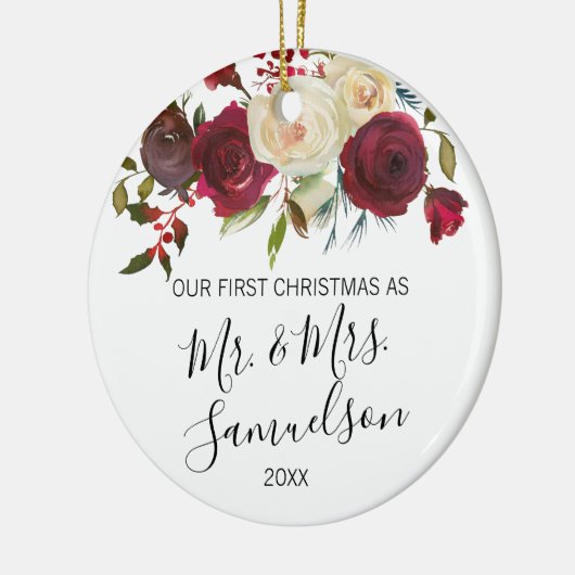 初めてのクリスマスの結婚したで赤いヒイラギの水彩画 セラミックオーナメント (左)