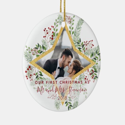 初めてのクリスマスの結婚したな写真のギフト セラミックオーナメント (右)