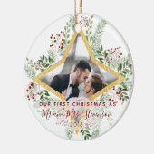 初めてのクリスマスの結婚したな写真のギフト セラミックオーナメント (左)
