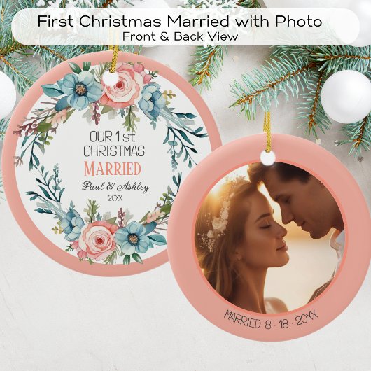 初めてのクリスマスの結婚したフローラ写真と日付 セラミックオーナメント