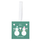 初めてのクリスマスの緑と赤の雪だるま写真 キューブオーナメント (正面)