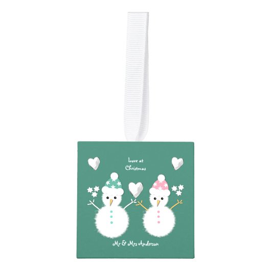 初めてのクリスマスの緑と赤の雪だるま写真 キューブオーナメント (正面)