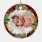 初めてのクリスマスの親ホリーパインコーンリーフ写真 セラミックオーナメント (裏面)