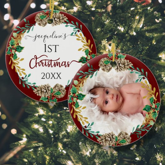 初めてのクリスマスの親ホリーパインコーンリーフ写真 セラミックオーナメント