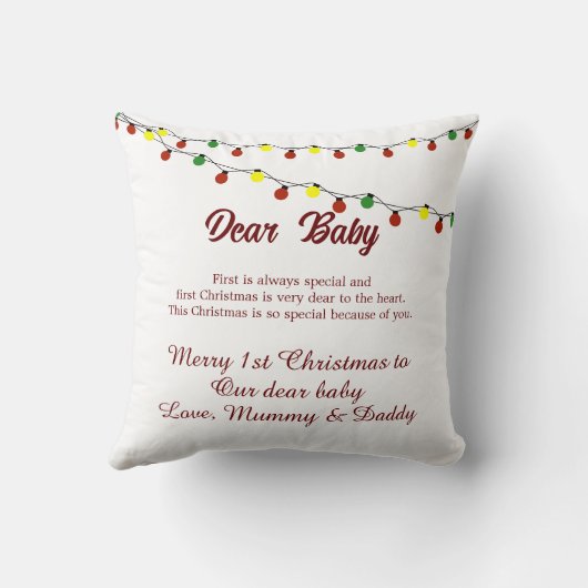 初めてのクリスマスの親メッセパーソナライズされたージ クッション (裏面)