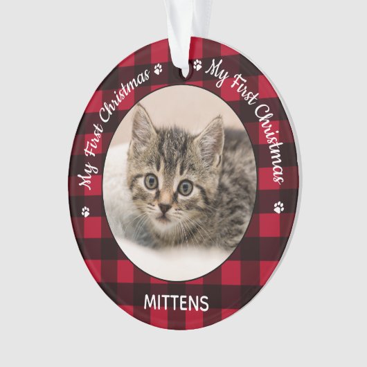 初めてのクリスマスの赤い格子縞の猫がペットの写真 オーナメント (正面)