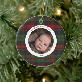 初めてのクリスマスの赤ちゃんのチェック柄の写真ホリデー セラミックオーナメント