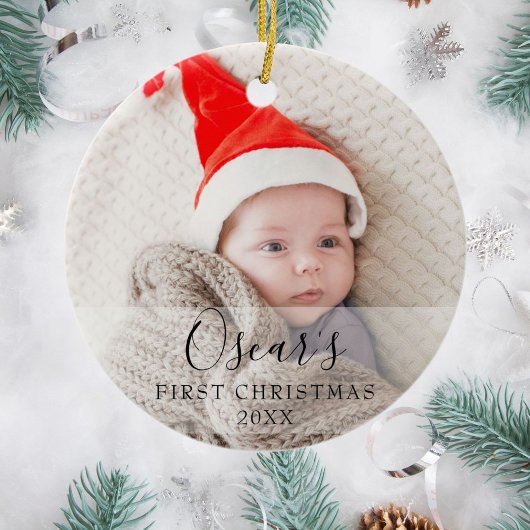 初めてのクリスマスの赤ちゃんの写真入り名前 セラミックオーナメント