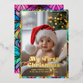 初めてのクリスマスの赤ちゃんの写真  ステンドグラスの写真 箔シーズンカード