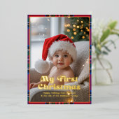 初めてのクリスマスの赤ちゃんの写真 タルタン・プレイド 箔シーズンカード (立ち正面)