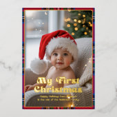 初めてのクリスマスの赤ちゃんの写真 タルタン・プレード 箔シーズンカード (正面)
