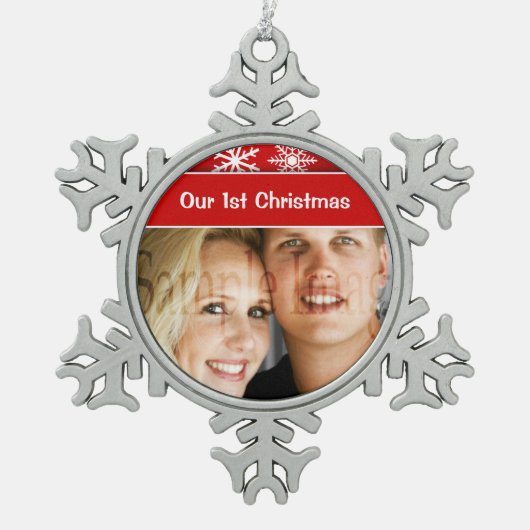 初めてのクリスマスの雪片の休日 スノーフレークピューターオーナメント (正面)