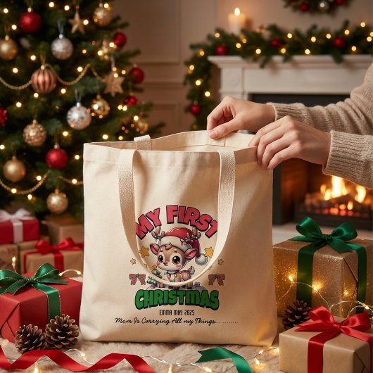 初めてのクリスマスの鹿 ブラウン 名入れ ラージトートバッグ