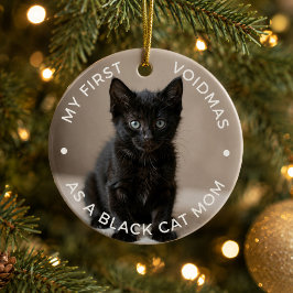 初めてのクリスマスの黒猫の母の写真の記念品 セラミックオーナメント