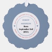 初めてのクリスマスの3つの埃っぽい青い写真の家族 オーナメントカード (裏面)