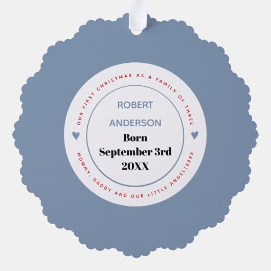 初めてのクリスマスの3つの埃っぽい青い写真の家族 オーナメントカード (裏面)