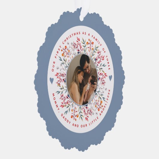 初めてのクリスマスの3つの埃っぽい青い写真の家族 オーナメントカード (右)