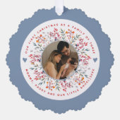 初めてのクリスマスの3つの埃っぽい青い写真の家族 オーナメントカード (正面)
