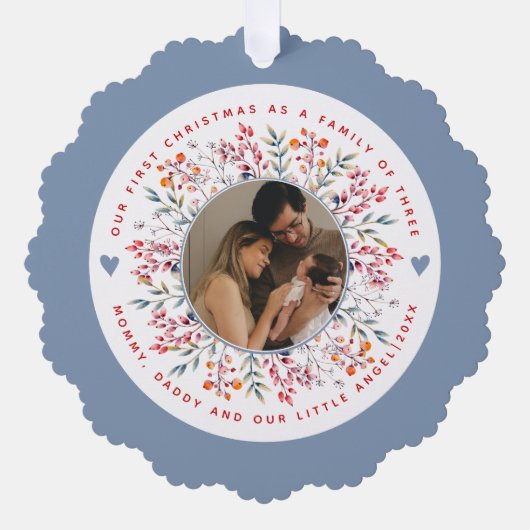初めてのクリスマスの3つの埃っぽい青い写真の家族 オーナメントカード (正面)