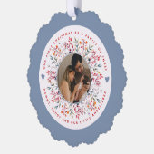 初めてのクリスマスの3つの埃っぽい青い写真の家族 オーナメントカード (左)