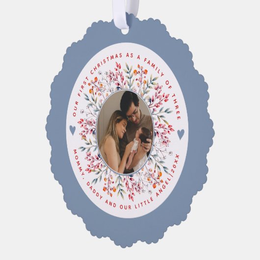 初めてのクリスマスの3つの埃っぽい青い写真の家族 オーナメントカード (左)