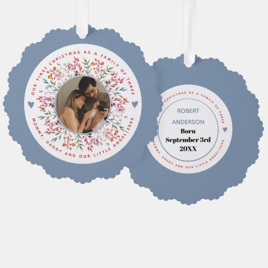 初めてのクリスマスの3つの埃っぽい青い写真の家族 オーナメントカード (正面/裏面)