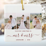 初めてのクリスマスのMr. Mr. Mrs. 3フォトレッドスクリプト セラミックオーナメント<br><div class="desc">この美しい記念初めてのクリスマスで新婚のとしてモダンあなたのオーナメントを祝う。赤褐色の文字読の「私たちの初めてのクリスマスのように」と書き文字の「mr & mrsエレガント」は前後に華やかさを持つ。3つのサンプル画像を縦お気に入りのの写真に置き換え、姓と年を追加する。</div>