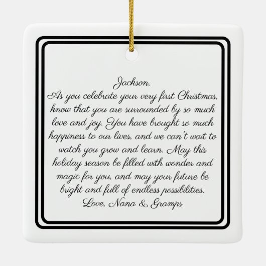 初めてのクリスマスはこちら写真生まれたばかりの可愛いベビー セラミックオーナメント (裏面)