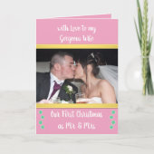 初めてのクリスマスはピンクと緑の写真とミセス カード (正面)