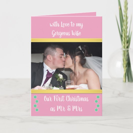 初めてのクリスマスはピンクと緑の写真とミセス カード (正面)