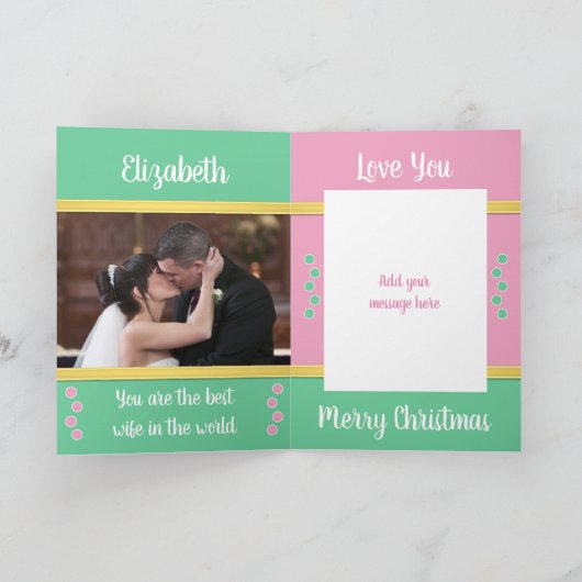 初めてのクリスマスはピンクと緑の写真とミセス カード (内部)