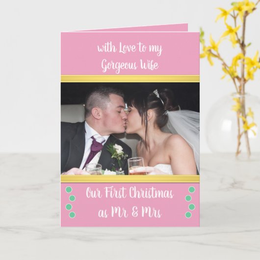 初めてのクリスマスはピンクと緑の写真とミセス カード (黄色い花)