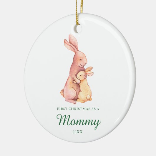 初めてのクリスマスはママベビーバニーパーソナライズされた セラミックオーナメント (左)