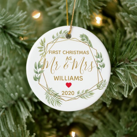 初めてのクリスマスはミスターとミセス結婚の写真 セラミックオーナメント (ツリー)