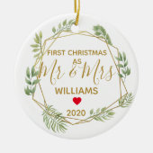 初めてのクリスマスはミスターとミセス結婚の写真 セラミックオーナメント (正面)
