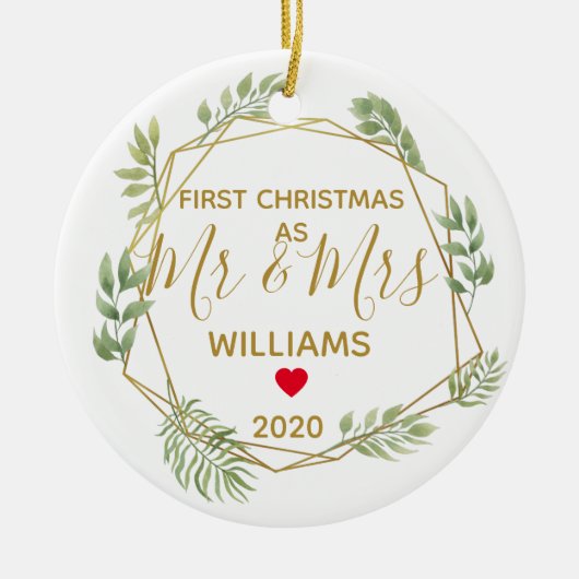初めてのクリスマスはミスターとミセス結婚の写真 セラミックオーナメント (正面)