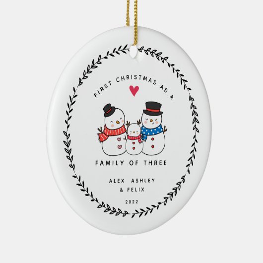初めてのクリスマスは三つの雪だるまの家族として セラミックオーナメント (右)