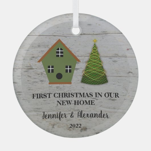 初めてのクリスマスは我々の新しいホームウッドバードハウス ガラスオーナメント (正面)