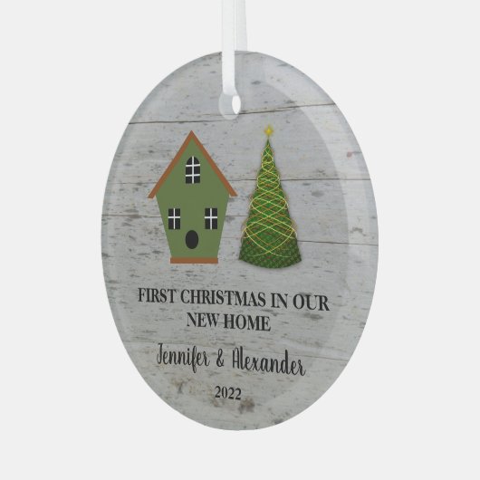 初めてのクリスマスは我々の新しいホームウッドバードハウス ガラスオーナメント (正面左)