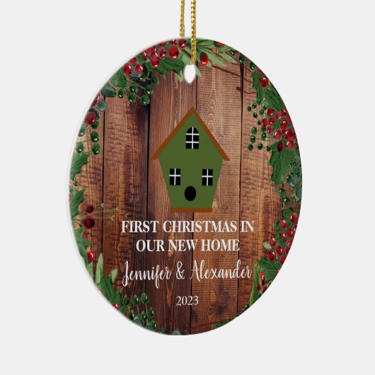 初めてのクリスマスは我々の新しいホームウッドバードハウス セラミックオーナメント (右)