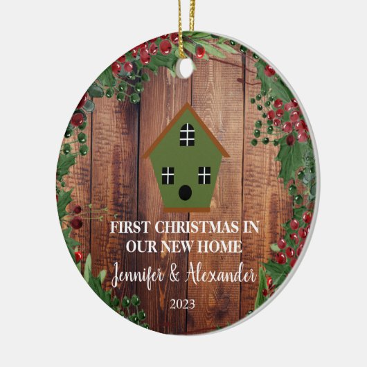 初めてのクリスマスは我々の新しいホームウッドバードハウス セラミックオーナメント (左)