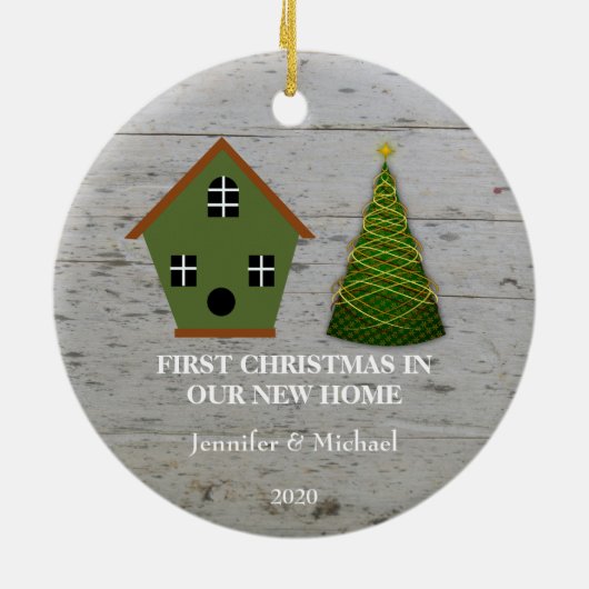 初めてのクリスマスは我々の新しいホームウッドバードハウス セラミックオーナメント (裏面)