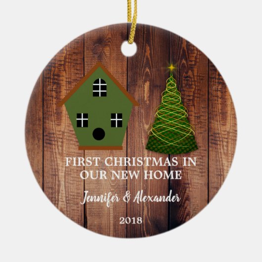 初めてのクリスマスは我々の新しいホームウッドバードハウス セラミックオーナメント (正面)