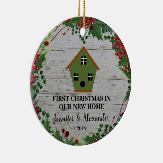 初めてのクリスマスは我々の新しいホームウッドバードハウス セラミックオーナメント (右)