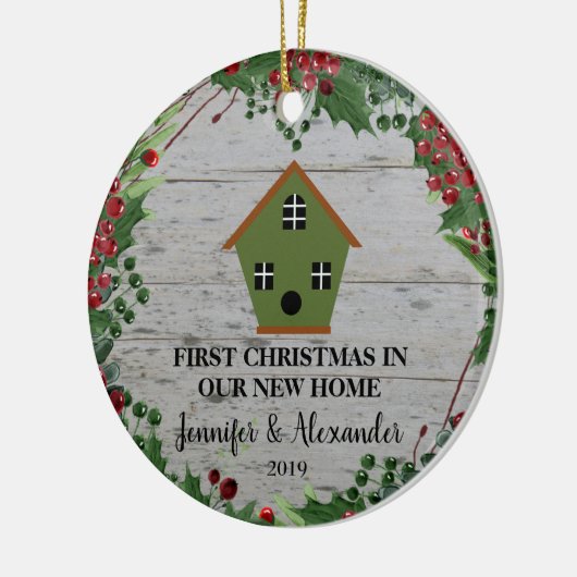 初めてのクリスマスは我々の新しいホームウッドバードハウス セラミックオーナメント (左)