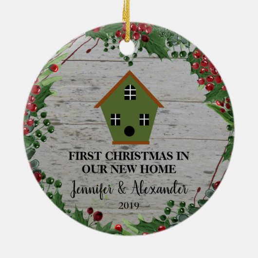 初めてのクリスマスは我々の新しいホームウッドバードハウス セラミックオーナメント (裏面)